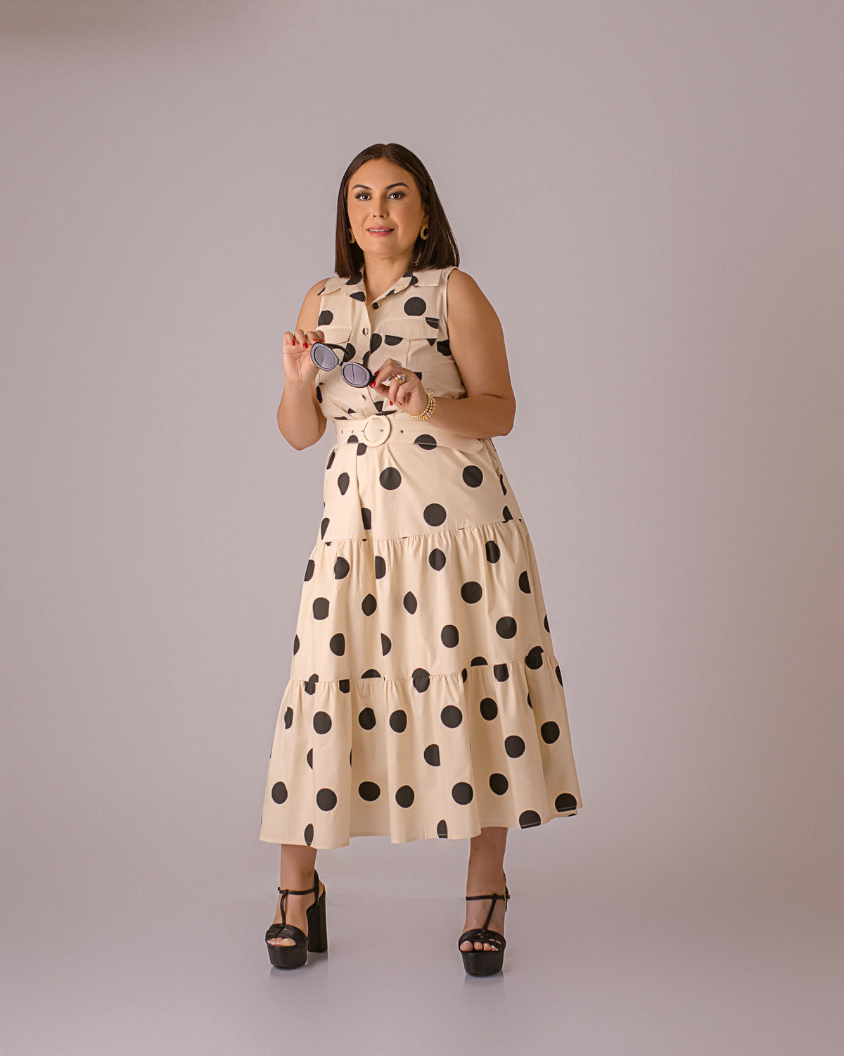 Polka dot tiered midi dress